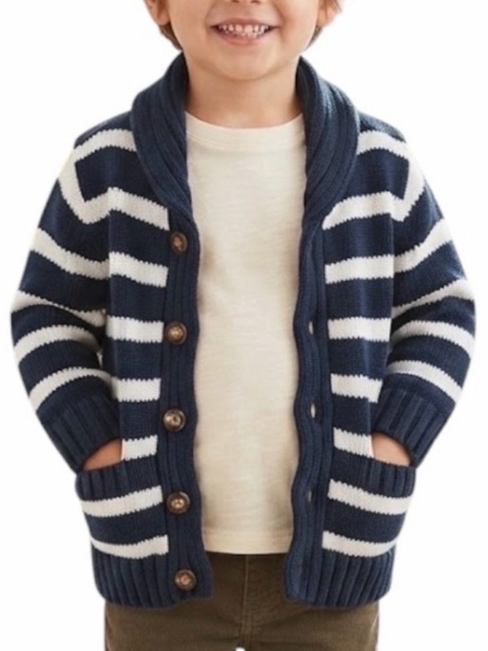 CARTERS Preppy Stripe Chunky Knit Button Cardigan Navy Ivory Boys Size 5Y